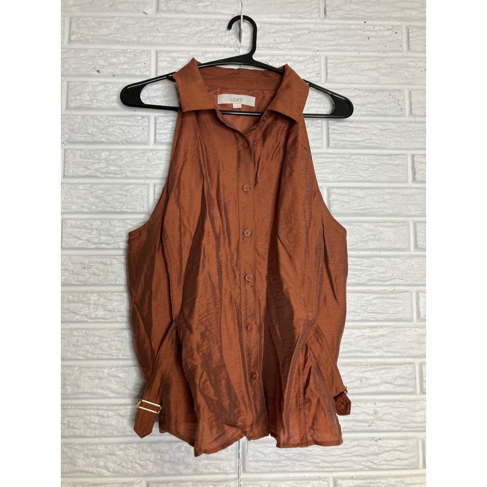 LOFT Sleeveless Top Women L Rust‎ Brown Excellent Buckle Halter Neck Blouse